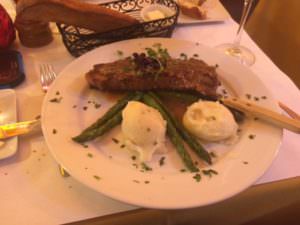 New York steak special with green peppercorn sauce